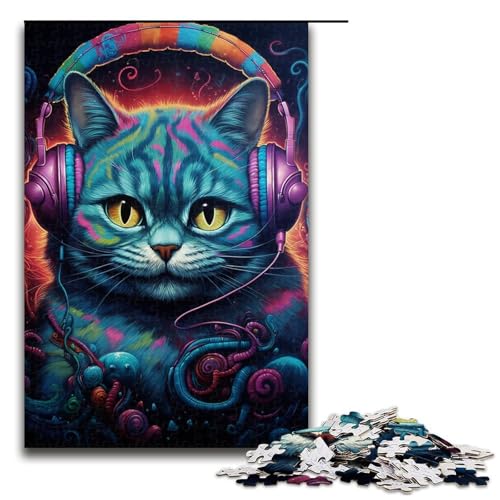 Puzzle für Erwachsene, 1000 Teile, Kopfhörer-Katzen-Puzzle für Erwachsene, Holzpuzzle, anspruchsvolles Spiel (Größe 50 x 75 cm) von WGLINGX