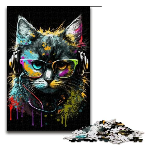 Puzzle für Erwachsene, 1000 Teile, Kopfhörer-Katzen-Puzzle für Erwachsene, Holzpuzzle, anspruchsvolles Spiel (Größe 50 x 75 cm) von WGLINGX