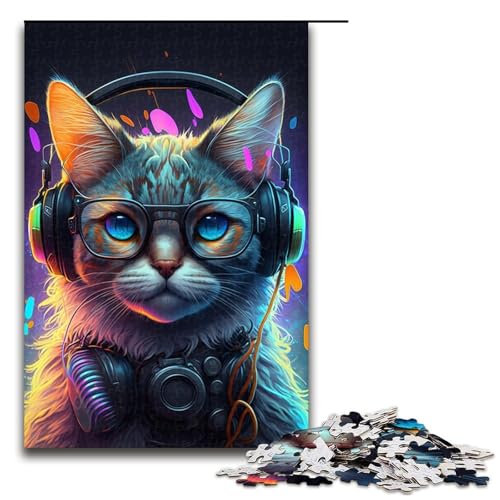 Puzzle für Erwachsene, 1000 Teile, Kopfhörer-Katzen-Puzzle für Teenager, Holzpuzzle, Heimkunstdekor (Größe 50 x 75 cm) von WGLINGX