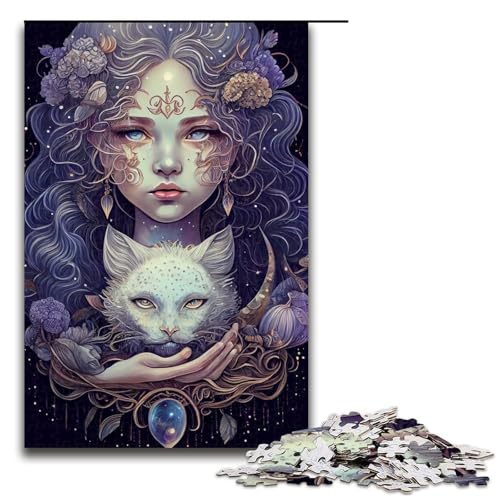 Puzzle für Erwachsene, 1000 Teile, Mädchen mit Katze, Holzpuzzle für Erwachsene, Erwachsene (Größe 50 x 75 cm) von WGLINGX