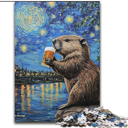 Puzzle für Erwachsene, 1000 Teile, Nachthimmel, Bier, Capybara, Papppuzzle, ideales DIY-Dekor und Denksportgeschenk (Größe 26x38cm) von WGLINGX