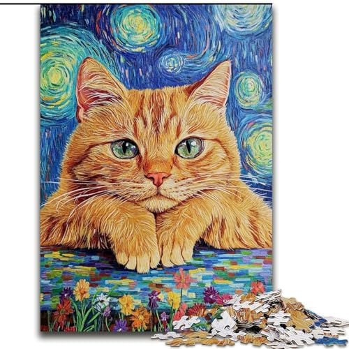 Puzzle für Erwachsene, 1000 Teile, Nachthimmel, orangefarbene Katze, Holzpuzzle für Erwachsene, interaktives Familienspiel, Gehirn-Herausforderungsgeschenk (Größe 50x75cm) von WGLINGX