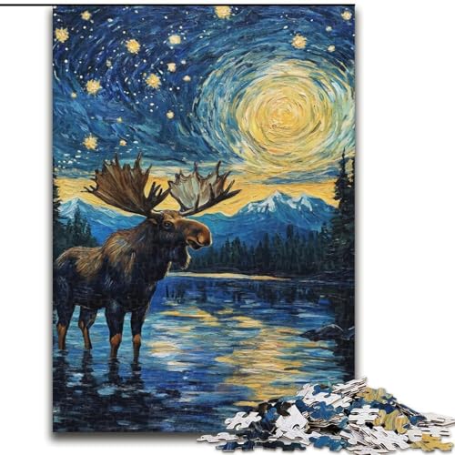Puzzle für Erwachsene, 1000 Teile, Nachthimmel-Elch, Holzpuzzle, interaktives Familienspiel, geeignet für Kinder ab 14 Jahren (Größe 50x75cm) von WGLINGX