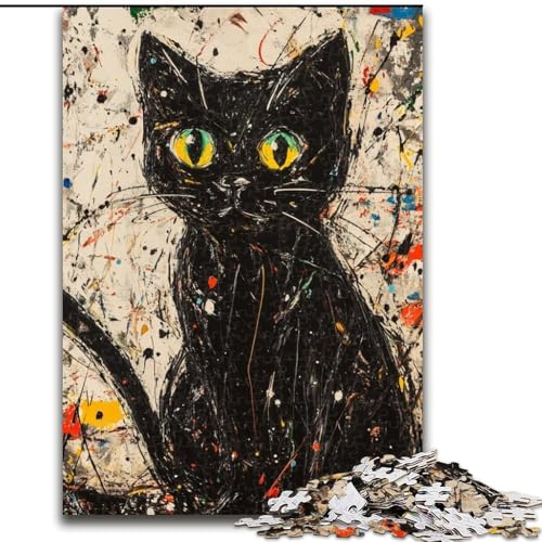 Puzzle für Erwachsene, 1000 Teile, Ölgemälde „Schwarze Katze“, Kartonpuzzle, interaktives Familienspiel, geeignet für Kinder ab 14 Jahren (Größe 26x38cm) von WGLINGX