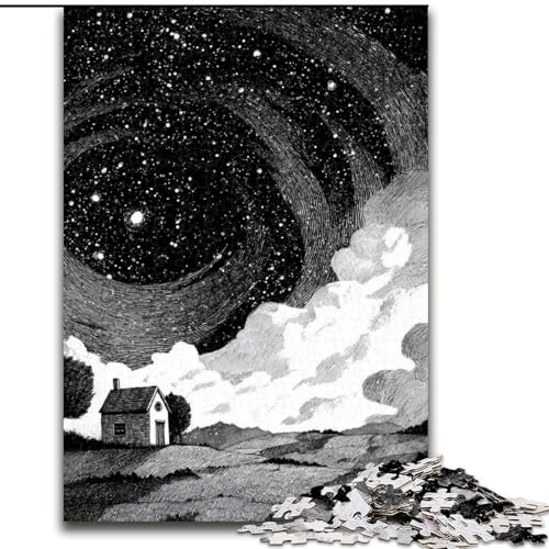 Puzzle für Erwachsene, 1000 Teile, Schwarz-Weiß-Sternenhimmel, Holzpuzzle, ideales DIY-Dekor und Denksportgeschenk (Größe 50x75cm) von WGLINGX