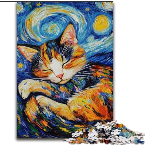 Puzzle für Erwachsene, 1000 Teile, Schwarze Katze, die im Nachthimmel schläft, Puzzles mit 1000 Teilen für Erwachsene, DIY-Heimdekoration, Denkspiel für Teenager (Größe 50x75cm) von WGLINGX