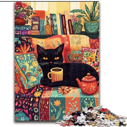 Puzzle für Erwachsene, 1000 Teile, Schwarze Katze trinkt Kaffee, Holzpuzzle für Erwachsene, Familienaktivitätsspiel für Teenager, anspruchsvolles Denkspiel (Größe 50x75cm) von WGLINGX