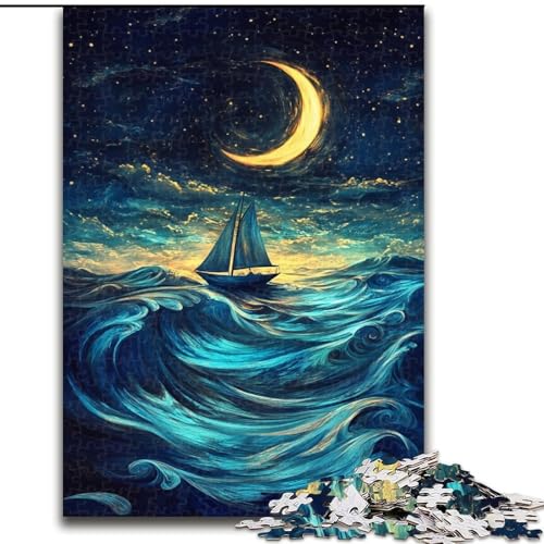 Puzzle für Erwachsene, 1000 Teile, Segelboot unter dem Nachthimmel, Holzpuzzle für Erwachsene, Familienaktivitätsspiel für Teenager, anspruchsvolles Denkspiel (Größe 50x75cm) von WGLINGX