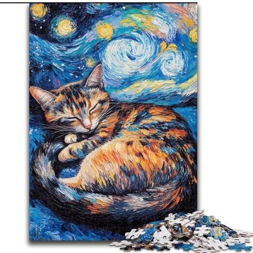 Puzzle für Erwachsene, 1000 Teile, Van Gogh, Nachthimmel, Schwarze Katze, 1000 Teile, Puzzle für Erwachsene, Lernspiel, Herausforderungsspielzeug (Größe 26x38cm) von WGLINGX