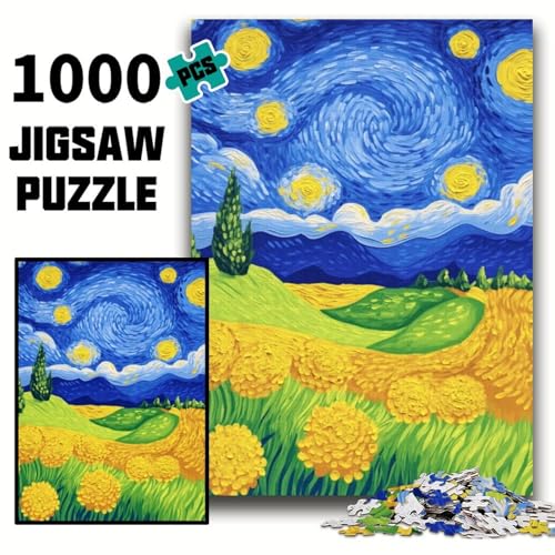 Puzzle für Erwachsene, 1000 Teile, Van Gogh Fields, Holzpuzzle für Erwachsene, Familienaktivitätsspiel für Teenager, anspruchsvolles Denkspiel (Größe 50x75cm) von WGLINGX