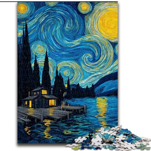 Puzzle für Erwachsene, 1000 Teile, Van Gogh-Nachthimmel, Holzpuzzle, Denkspiel für Teenager, Familienspieleabend (Größe 50x75cm) von WGLINGX