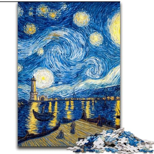 Puzzle für Erwachsene, 1000 Teile, Van Gogh-Nachthimmel, Holzpuzzle, Denkspiel für Teenager, Familienspieleabend (Größe 50x75cm) von WGLINGX