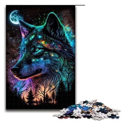 Puzzle für Erwachsene, 1000 Teile, Wald, Nachthimmel, Wolf, Puzzle für Erwachsene, Holzpuzzle, anspruchsvolles Spiel (Größe 50 x 75 cm) von WGLINGX