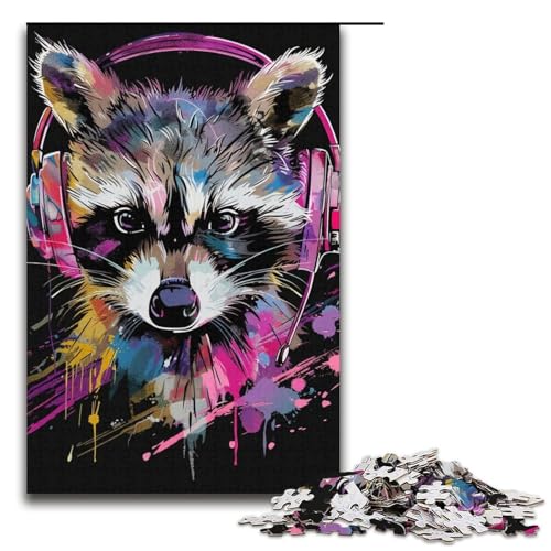 Puzzle für Erwachsene, 1000 Teile, Waschbär mit Kopfhörern, Heimdekoration, Puzzle, Spielzeug, (Größe 38 x 26 cm) von WGLINGX