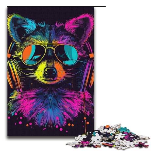 Puzzle für Erwachsene, 1000 Teile, Waschbär mit Kopfhörern, Heimdekoration, Puzzle, Spielzeug, (Größe 38 x 26 cm) von WGLINGX