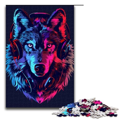 Puzzle für Erwachsene, 1000 Teile, Wolf mit Kopfhörern, Spielzeug, Lernspiele, Stressabbau, Analyse und Logik (Größe 50 x 75 cm) von WGLINGX