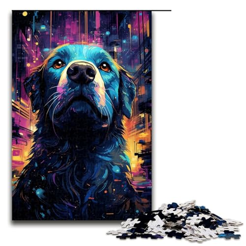 Puzzle für Erwachsene, 1000 Teile, farbenfrohes psychedelisches schwarzes Hundekunst-Puzzle für Teenager, Holzpuzzle, tolles Geschenk für Erwachsene (Größe 50 x 75 cm) von WGLINGX