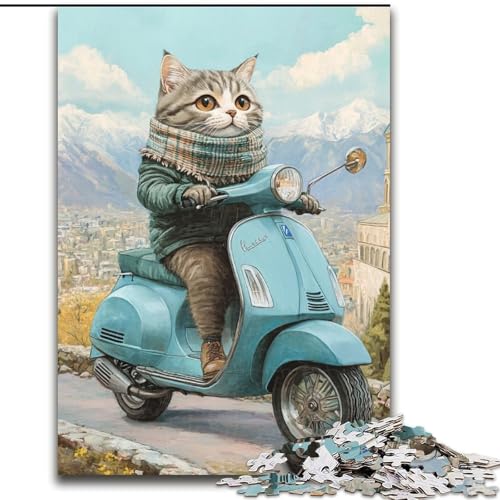 Puzzle für Erwachsene, 1000-teiliges Holzpuzzle „Katze auf einem Motorrad“, interaktives Familienspiel, geeignet für Kinder ab 14 Jahren (Größe 50x75cm) von WGLINGX