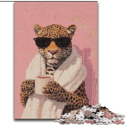 Puzzle für Erwachsene, 1000-teiliges Holzpuzzle „Leopard trinkt Kaffee“, interaktives Familienspiel, geeignet für Kinder ab 14 Jahren (Größe 50x75cm) von WGLINGX