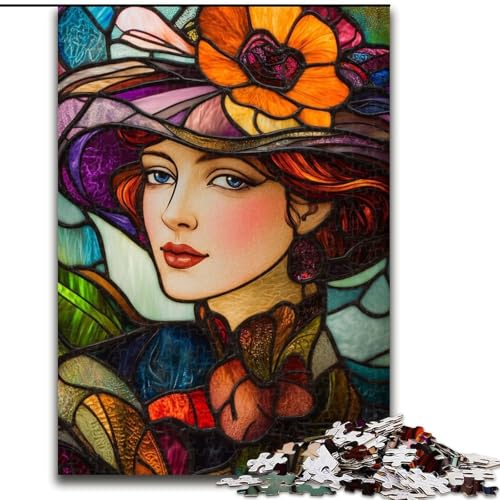 Puzzle für Erwachsene, 1000-teiliges Kartonpuzzle „Frau aus Buntglas“, interaktives Familienspiel, geeignet für Kinder ab 14 Jahren (Größe 26x38cm) von WGLINGX