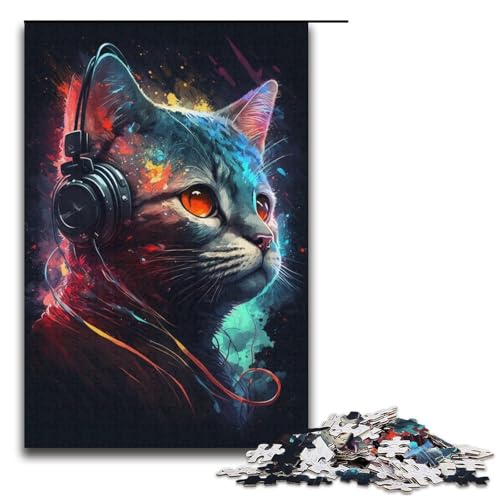 Puzzle für Erwachsene, 1000-teiliges Kopfhörer-Katzen-Puzzle für Erwachsene, Papppuzzles, Familienspiele, Weihnachts- und Geburtstagsgeschenke (Größe 38 x 26 cm) von WGLINGX