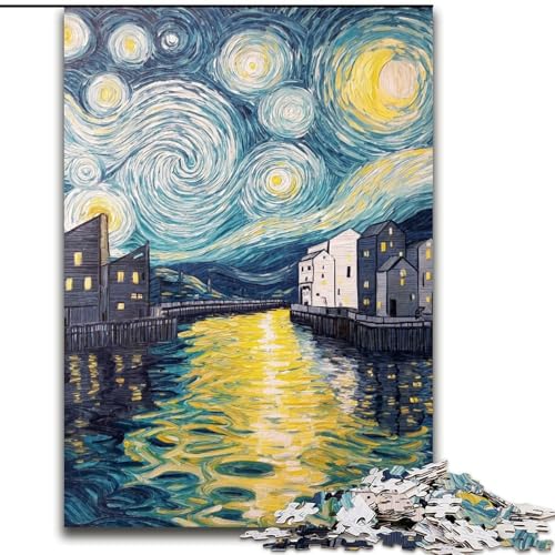 Puzzle für Erwachsene, 1000-teiliges Van Gogh-Nachthimmel-Puzzle aus Holz, interaktives Familienspiel, geeignet für Kinder ab 14 Jahren (Größe 50x75cm) von WGLINGX