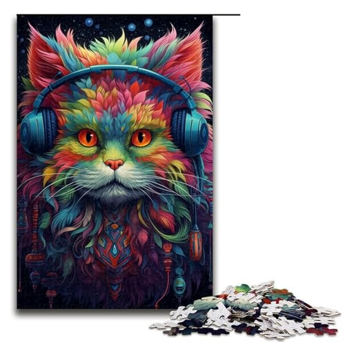 Puzzle für Erwachsene, Kopfhörer-Katzen-Puzzle, 1000 Teile für Erwachsene, Holzpuzzle (Größe 50 x 75 cm) von WGLINGX