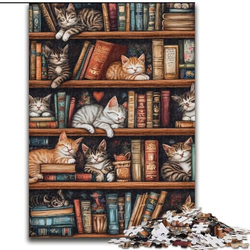 Puzzle für Erwachsene 1000 „Katze auf dem Bücherregal“, 1000-teiliges Puzzle, perfektes Weihnachts- und Neujahrsgeschenk, Feiertagsgeschenk (Größe 50x75cm) von WGLINGX
