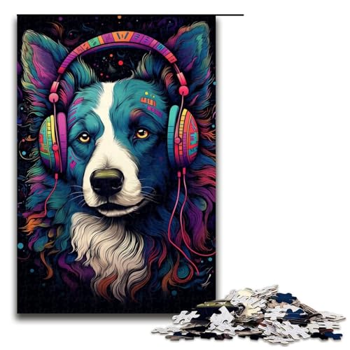Puzzle für Erwachsene 1000 Teile Border Collie-Kopfhörer Lernpuzzle Stressabbau Schwierige Herausforderung 50x75cm von WGLINGX