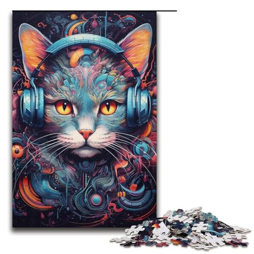 Puzzle für Erwachsene 1000 Teile Kopfhörer Katze Puzzle Hand Speed Wettbewerb Geburtstagsgeschenk, Geschenke, Wandkunst (Größe 38x26cm) von WGLINGX