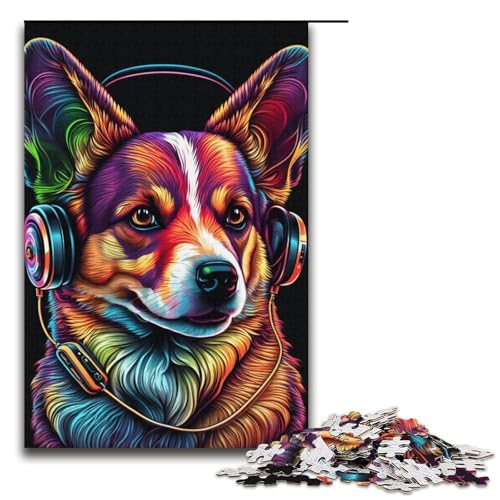 Puzzle für Erwachsene mit 1000 Teilen, Kopfhörer-Corgi-Puzzle, pädagogische Herausforderung mit passendem Poster und Quizblatt (Größe 38 x 26 cm) von WGLINGX