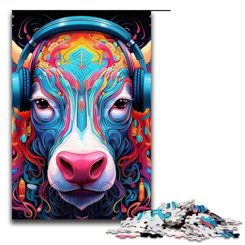 Puzzle für Erwachsene mit 1000 Teilen, Kopfhörer-Kuh-Puzzle mit passendem Poster und Quizblatt (Größe 50 x 75 cm) von WGLINGX