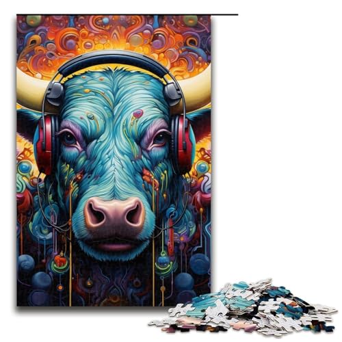 Puzzle für Erwachsene mit 1000 Teilen, Kopfhörer-Kuh-Puzzle mit passendem Poster und Quizblatt (Größe 50 x 75 cm) von WGLINGX