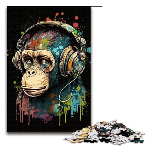 Puzzle für Erwachsene mit 1000 Teilen, Kopfhörer-Schimpansen-Puzzle, pädagogische Herausforderung mit passendem Poster und Quizblatt (Größe 50 x 75 cm) von WGLINGX