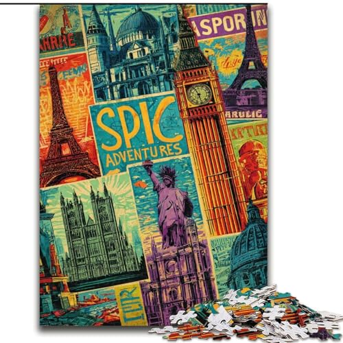 Puzzle für Erwachsene mit 1000 Teilen, Pariser Briefmarken-Collage, Puzzle mit 1000 Teilen, Heimdekorationsgeschenk, Denkspiel (Größe 50x75cm) von WGLINGX