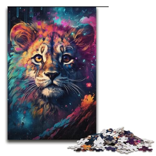 Puzzle für Erwachsene und Jugendliche, farbenfrohe Psychedelia mit niedlichen kosmischen Löwen, 1000-teiliges Kartonpuzzle (Größe 38 x 26 cm) von WGLINGX