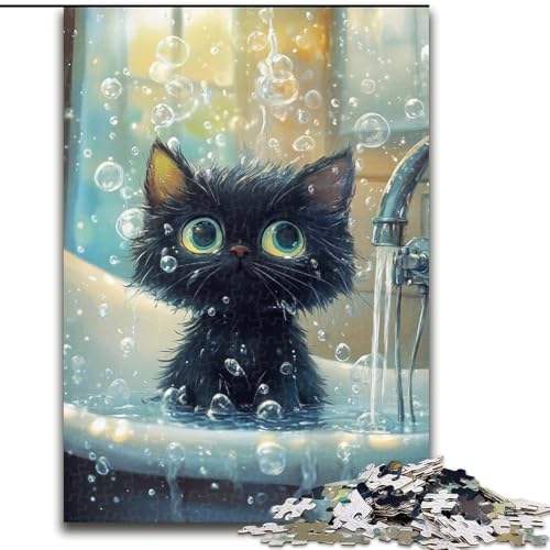 Puzzle mit 1000 Teilen für Erwachsene, „Schwarze Katze im Badezimmer“, geeignet für Geburtstage, Halloween, Thanksgiving, Ostern (Größe 50x75cm) von WGLINGX