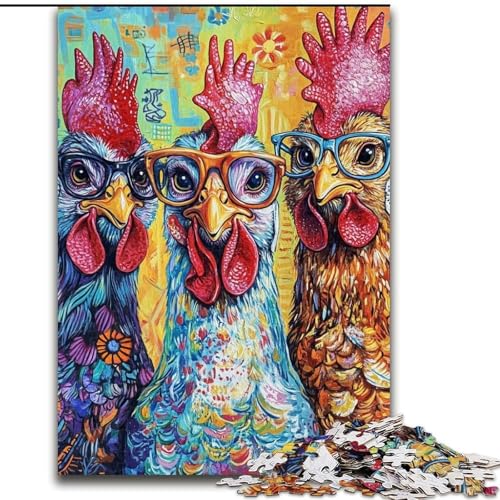 Puzzle mit 1000 Teilen für Erwachsene, DREI Hühner-Puzzle, geeignet für Geburtstage, Halloween, Thanksgiving, Ostern (Größe 26x38cm) von WGLINGX