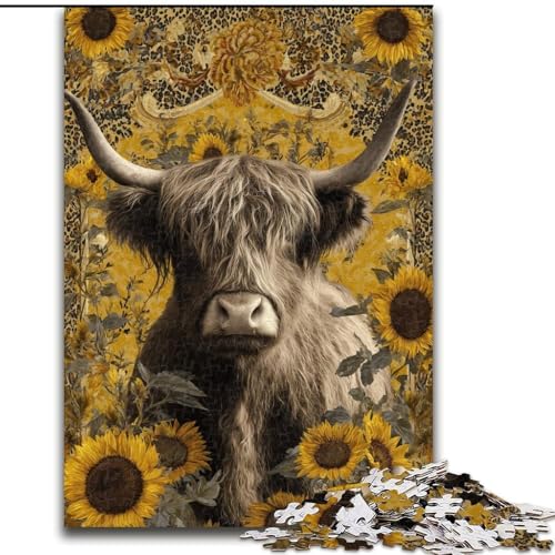 Puzzle mit 1000 Teilen für Erwachsene, Hochlandkühe und Sonnenblumen, Puzzle mit 1000 Teilen für Jugendliche ab 14 Jahren, Heimdekoration (Größe 26x38cm) von WGLINGX
