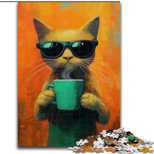 Puzzle mit 1000 Teilen für Erwachsene, Katze trinkt Kaffee, geeignet für Geburtstage, Halloween, Thanksgiving, Ostern (Größe 50x75cm) von WGLINGX