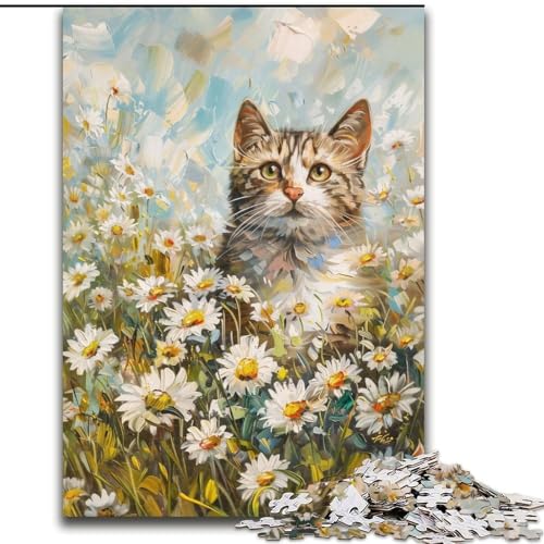 Puzzle mit 1000 Teilen für Erwachsene, Katze unter Blumen, geeignet für Geburtstage, Halloween, Erntedankfest, Ostern (Größe 26x38cm) von WGLINGX
