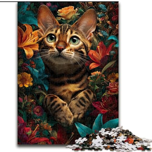 Puzzle mit 1000 Teilen für Erwachsene, Katze unter Blumen, geeignet für Geburtstage, Halloween, Thanksgiving, Ostern (Größe 50x75cm) von WGLINGX