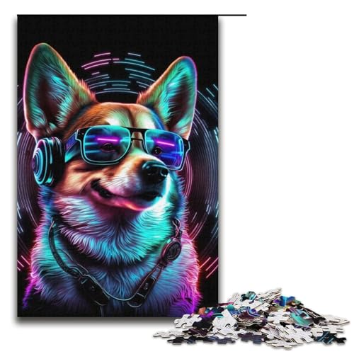 Puzzle mit 1000 Teilen für Erwachsene, Kopfhörer, Corgi-Cartoon-Puzzle für Teenager ab 14 Jahren (Größe 38 x 26 cm) von WGLINGX