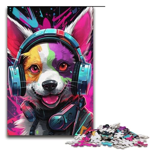 Puzzle mit 1000 Teilen für Erwachsene, Kopfhörer, Hund, Puzzle mit passendem Poster und Quizblatt (Größe 38 x 26 cm) von WGLINGX