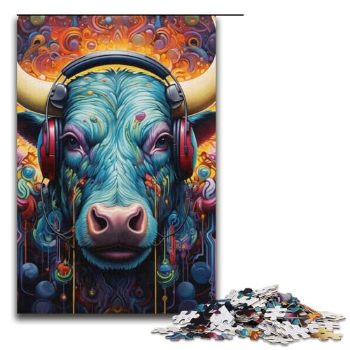 Puzzle mit 1000 Teilen für Erwachsene, Kopfhörer-Kuh-Puzzle mit passendem Poster und Quizblatt (Größe 38 x 26 cm) von WGLINGX