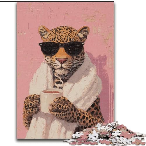 Puzzle mit 1000 Teilen für Erwachsene, Leopard trinkt Kaffee, 1000-teiliges Puzzle, Lernspielzeug (Größe 26x38cm) von WGLINGX