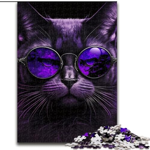 Puzzle mit 1000 Teilen für Erwachsene, Lila Katze mit Brille, Puzzle für Erwachsene, 1000 Teile, anspruchsvolles Denkspiel für Teenager, perfekt als Heimdekoration oder Geschenk, Größe 26x38cm von WGLINGX