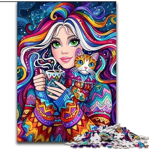 Puzzle mit 1000 Teilen für Erwachsene, Mädchen und Katze, 1000-teiliges Puzzle, Heimdekoration, Familienspaß, ab 14 Jahren (Größe 26x38cm) von WGLINGX