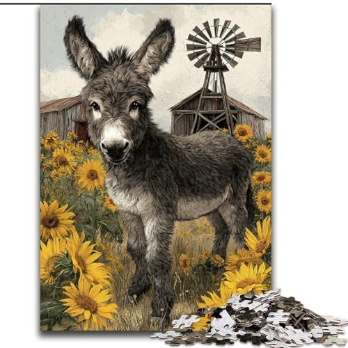 Puzzle mit 1000 Teilen für Erwachsene, Sonnenblumen- und Eselbaby-Puzzle, geeignet für Geburtstage, Halloween, Erntedankfest, Ostern (Größe 50x75cm) von WGLINGX
