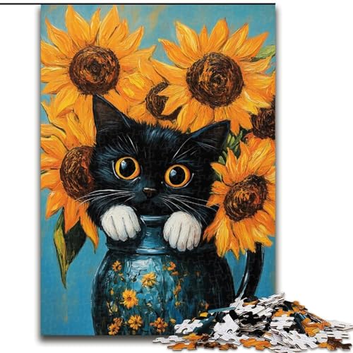 Puzzle mit 1000 Teilen für Erwachsene, Sonnenblumen und Schwarze Katze, 1000-teiliges Puzzle, Lernspielzeug (Größe 50x75cm) von WGLINGX